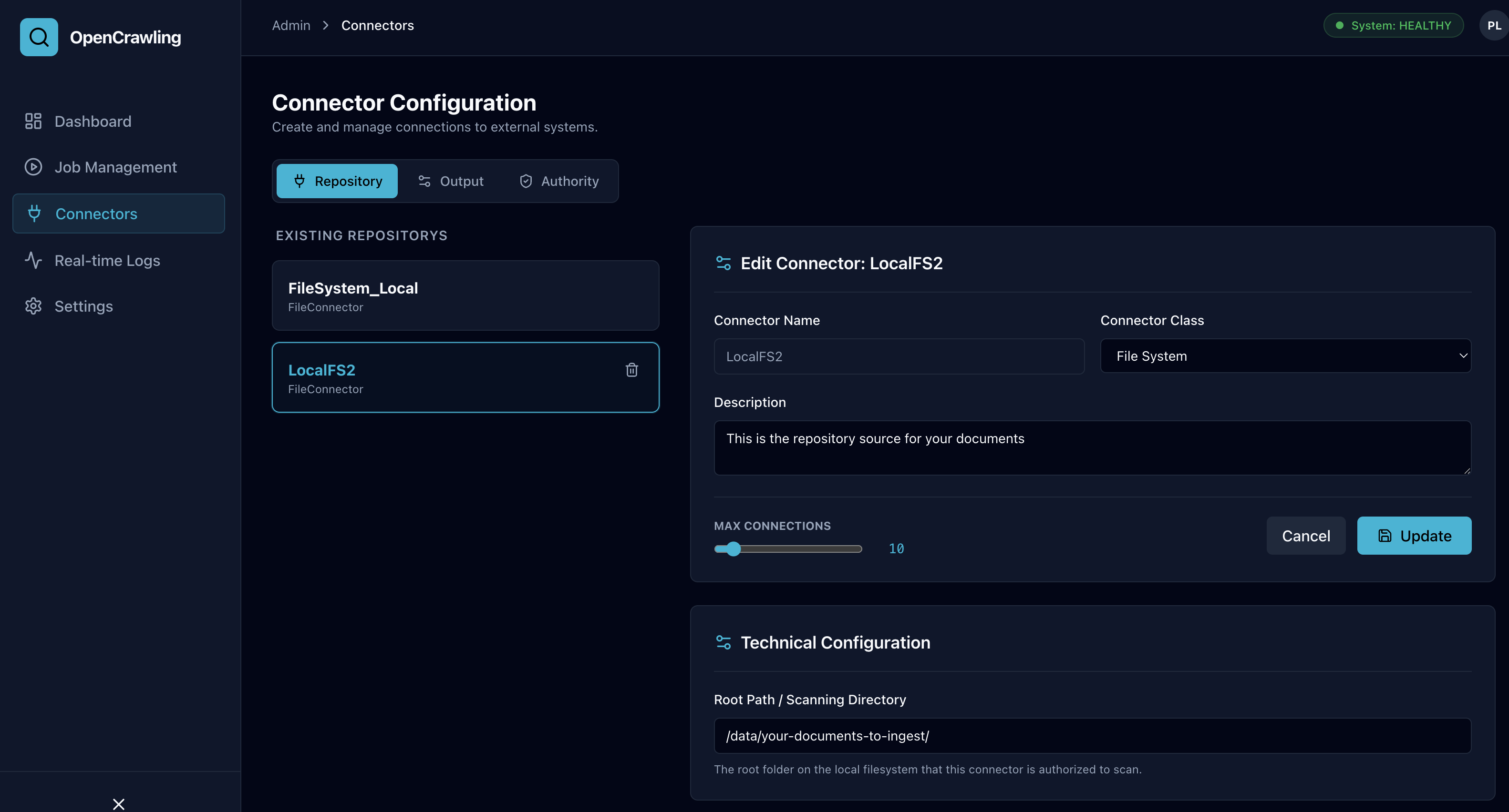 OpenCrawling Repository Connector Configuration