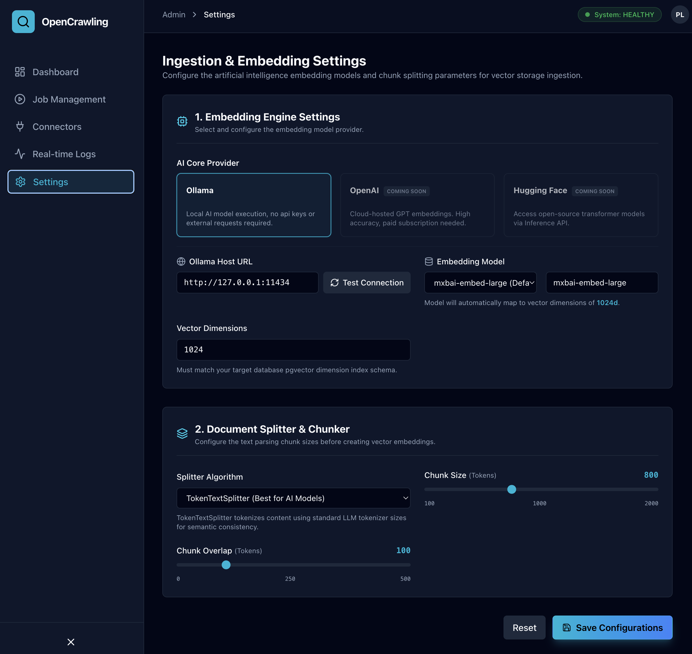 OpenCrawling Embedding Settings