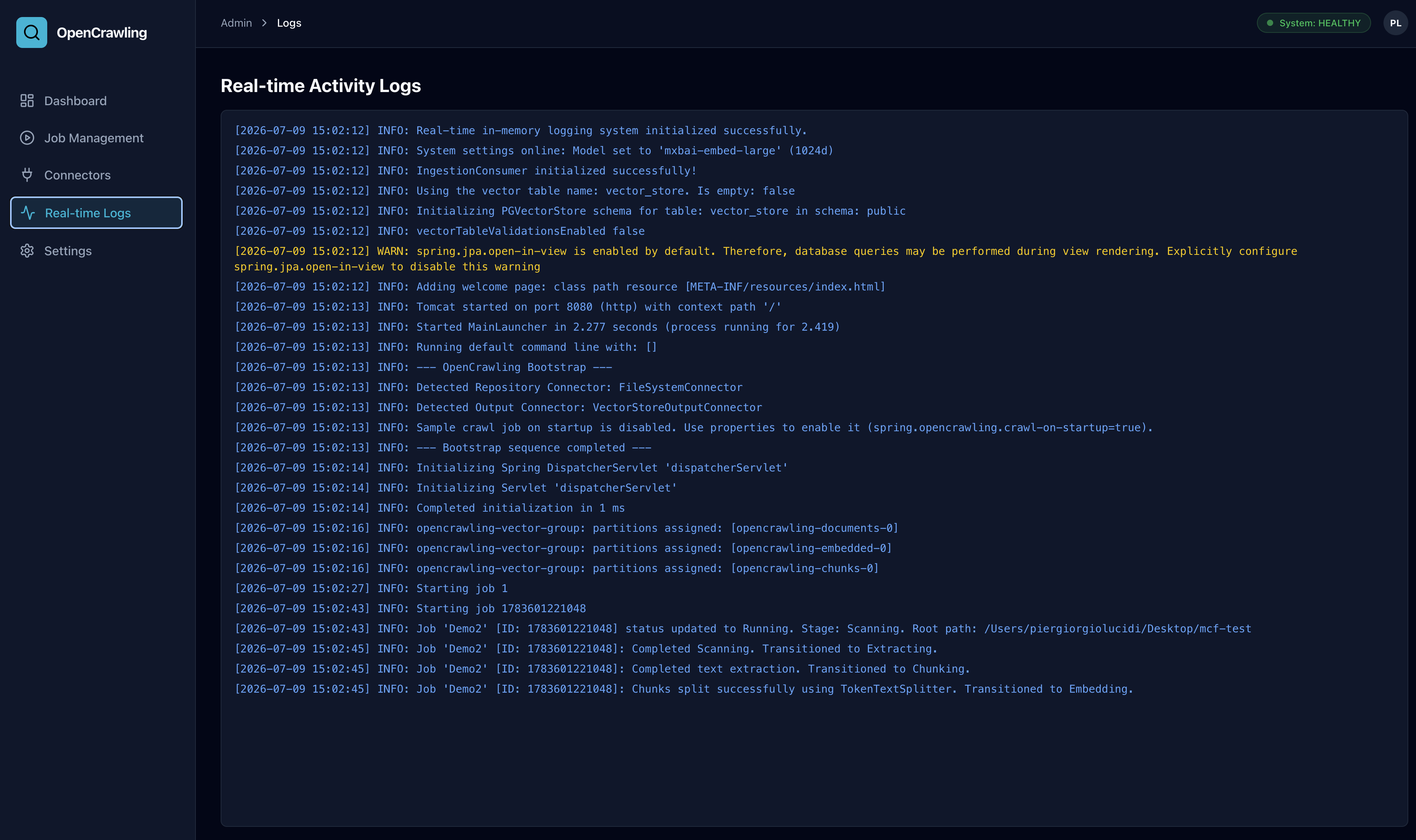 OpenCrawling Real-Time Activity Logs